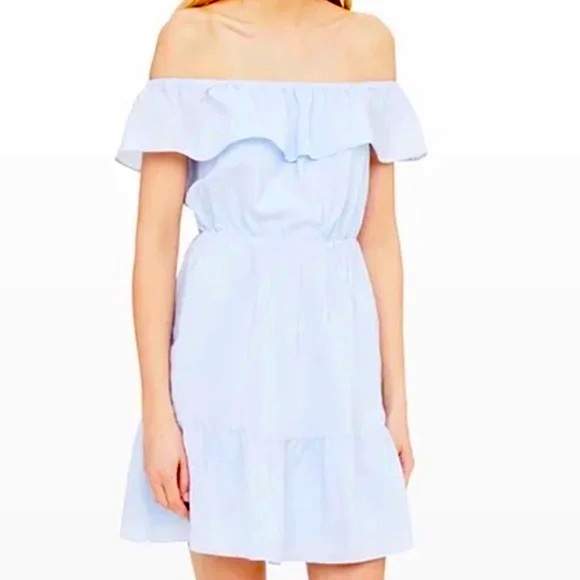 Brand new Club Monaco Sky Blue Silk Mini Dress SIZE 00 off the shoulder dress - Picture 2 of 8